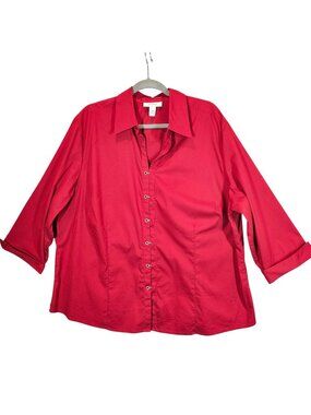 Dressbarn Womens Plus Size Red Button-Up Shirt 22/24W career office Bold Red